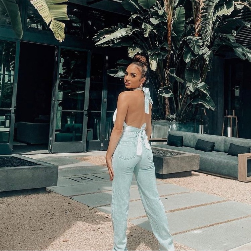 Baby blue satin halter crop top blouse